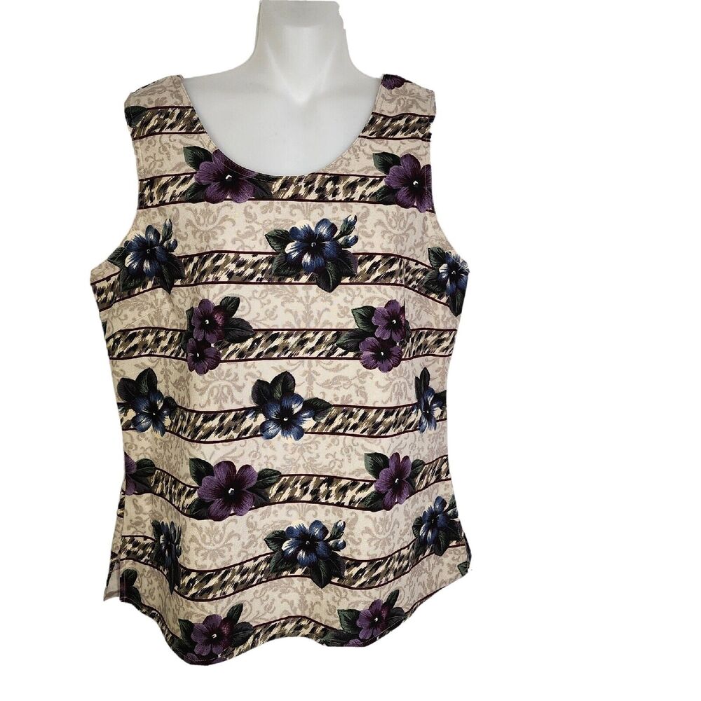 Liz Baker Womens Tank Top Size Medium Silk Floral Striped Tan Blue Purple Scoop